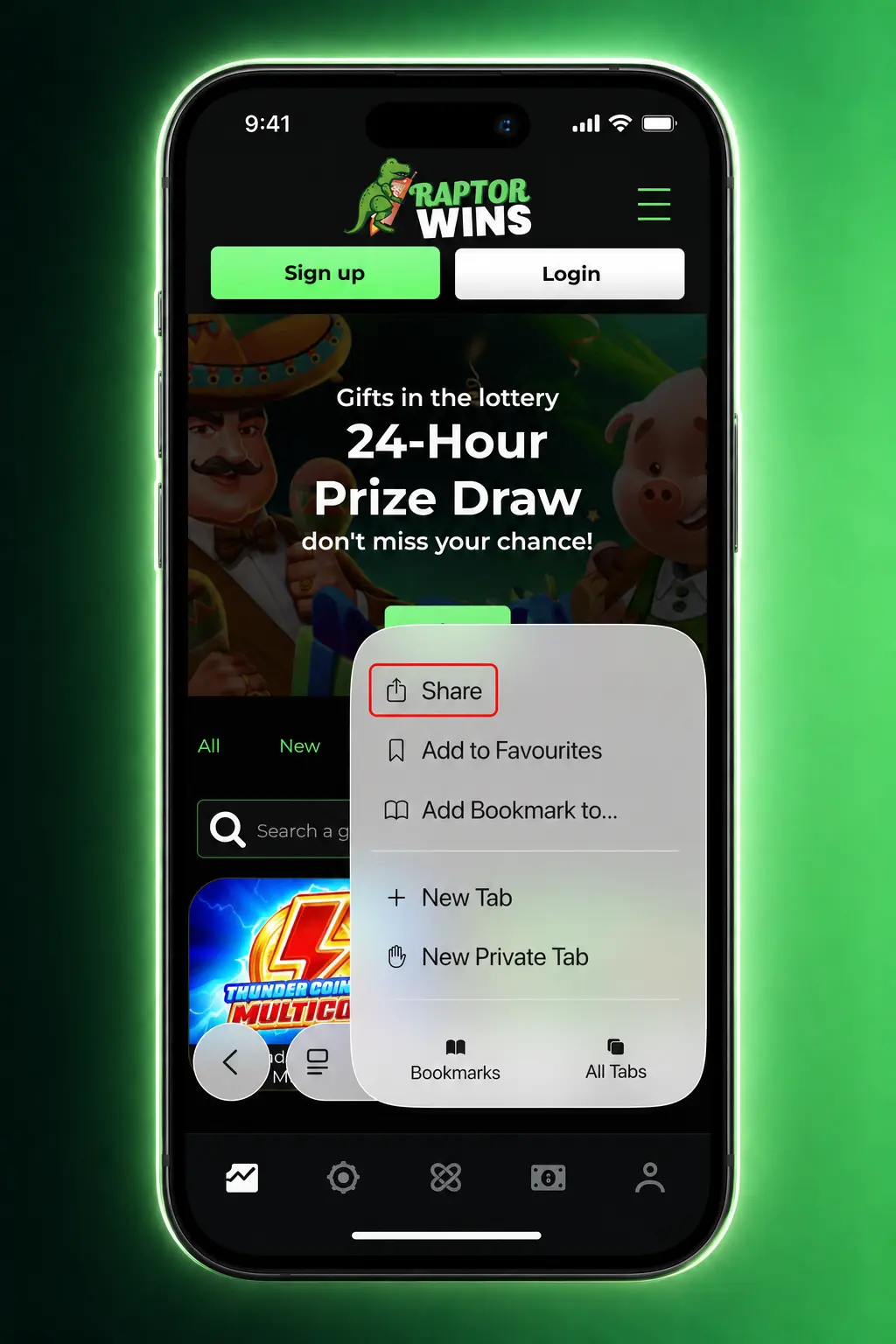 Step-by-step guide to download and install the Raptor Wins app on iOS devices via Safari's Add to Home Screen feature.