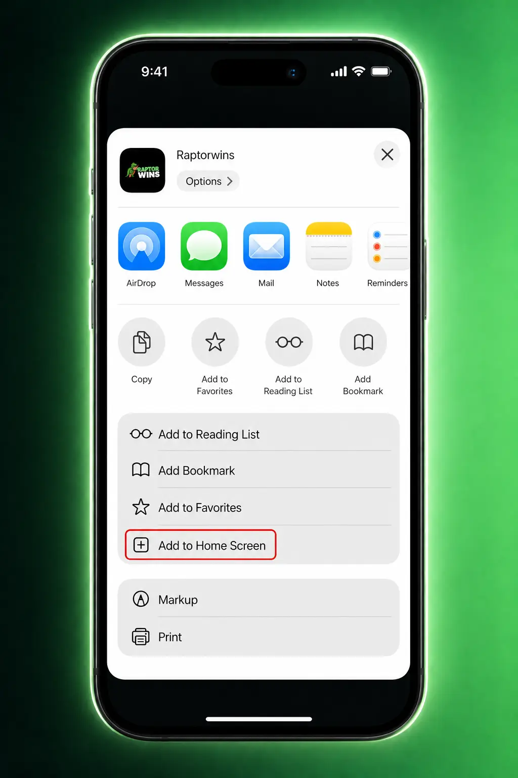Step-by-step guide to download and install the Raptor Wins app on iOS via Safari's Add to Home Screen feature.