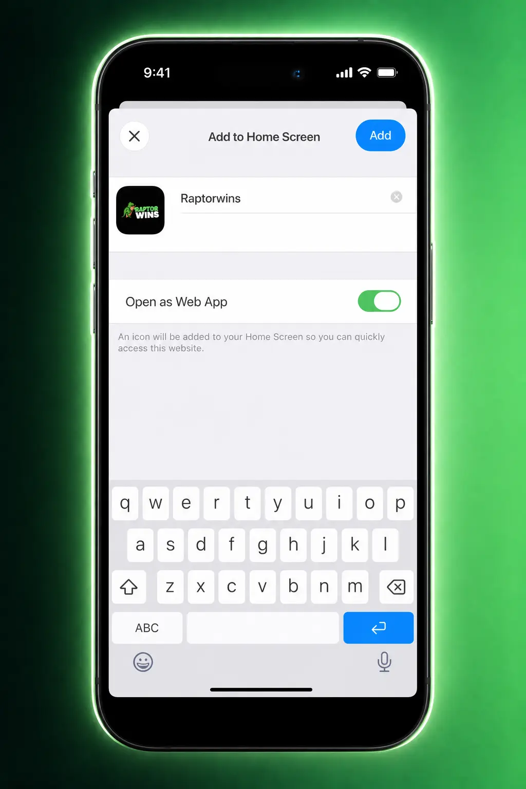 Step-by-step guide showing how to download and install the Raptor Wins app on iOS using Safari's Add to Home Screen feature.
