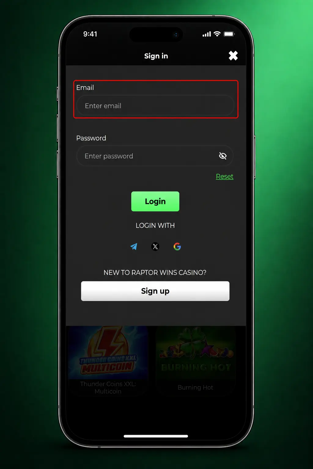 Raptor Wins account login screen showing email and password fields on desktop and mobile app