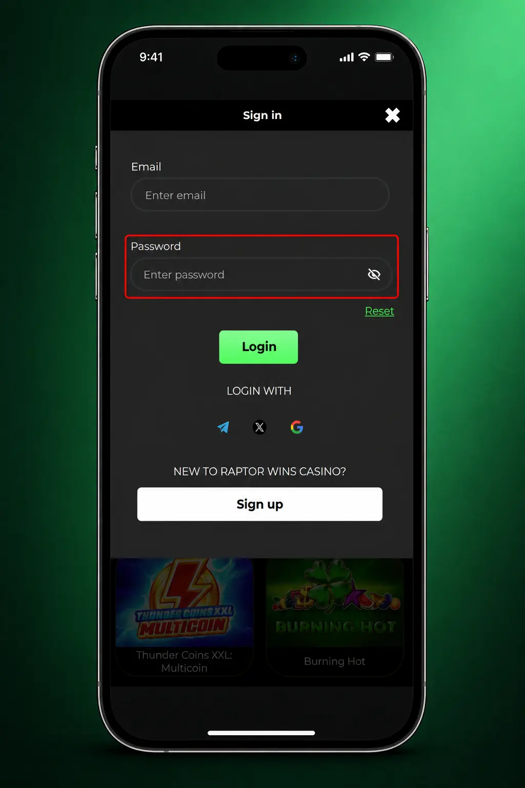 Raptor Wins account login screen showing email and password fields on desktop and mobile app