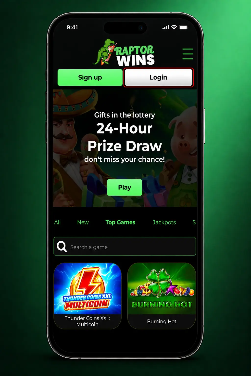 Raptor Wins account login screen showing email and password fields on desktop and mobile app